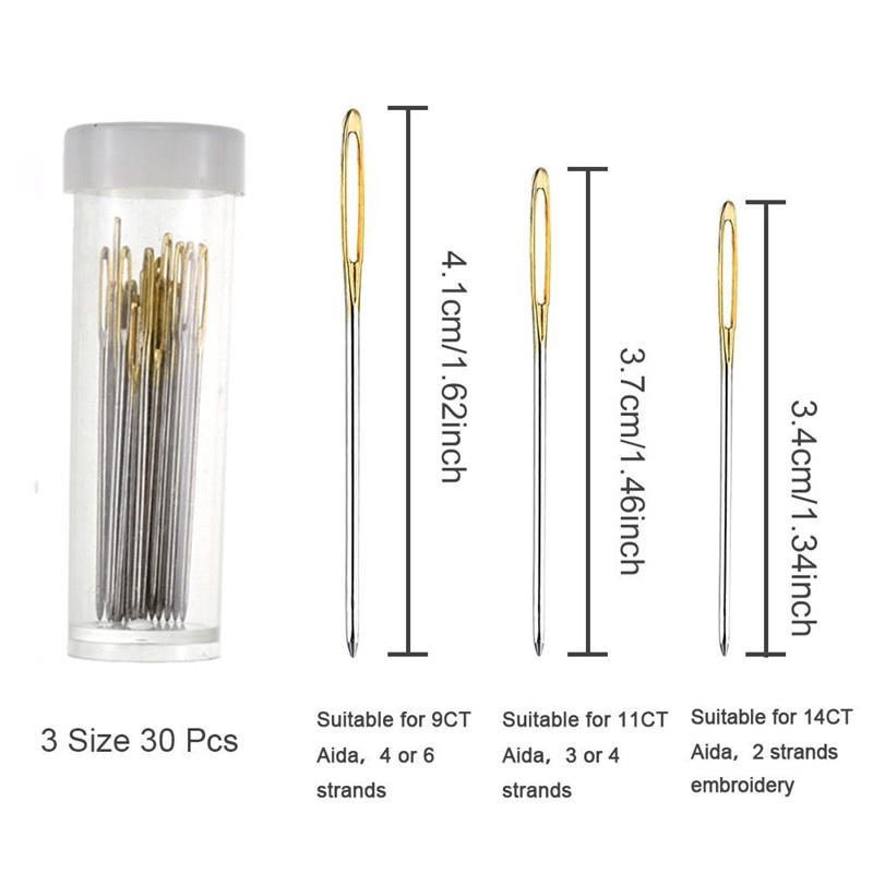 30pcs 3.4cm 3.7cm 4.1cm Hand Sewing Needles Gold Eye Embroidery Cross Stitch Needles With Threaders Home DIY Sewing Accessories (3)
