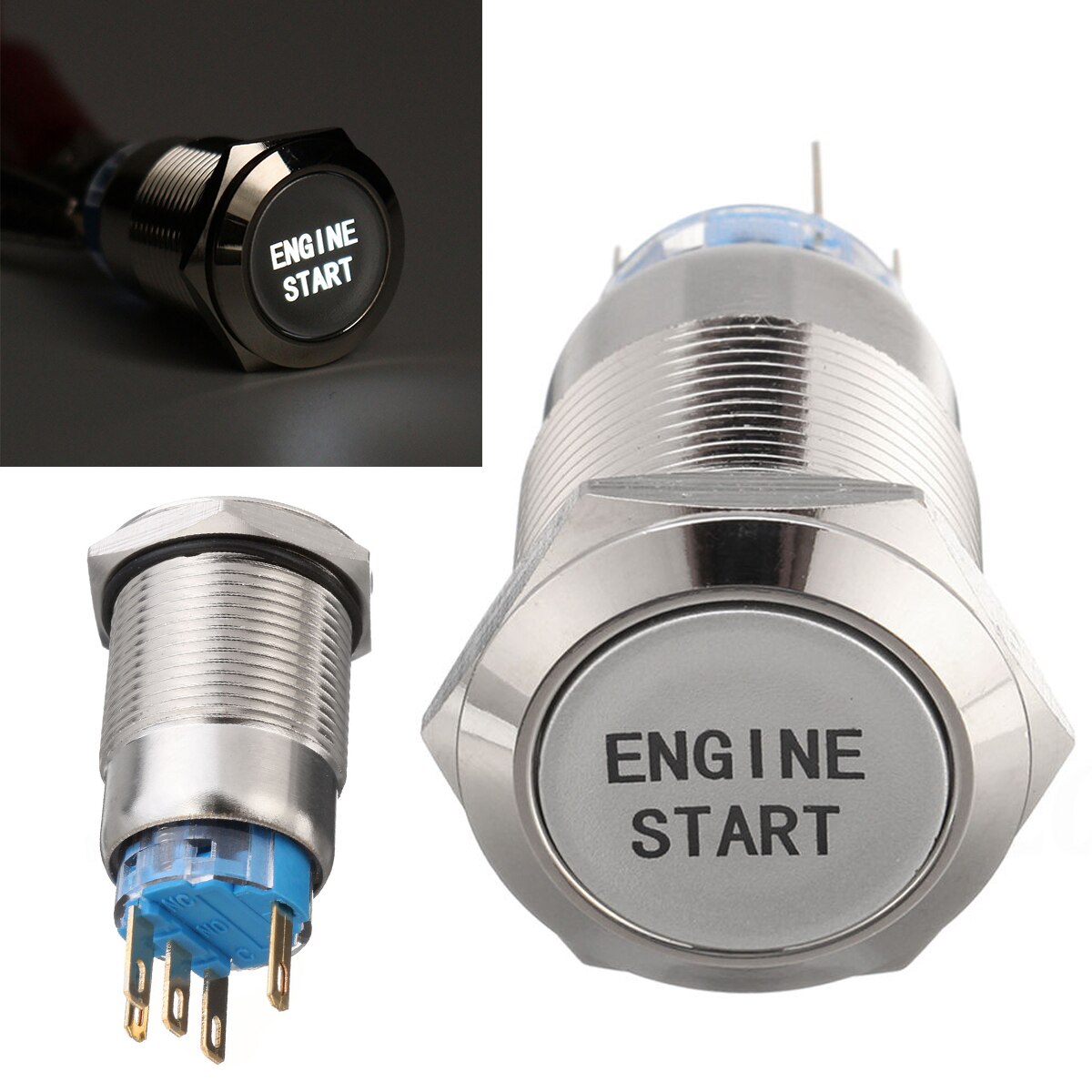 12V 19mm Waterproof Car Metal Momentary Engine Start Push Button Switch LED White