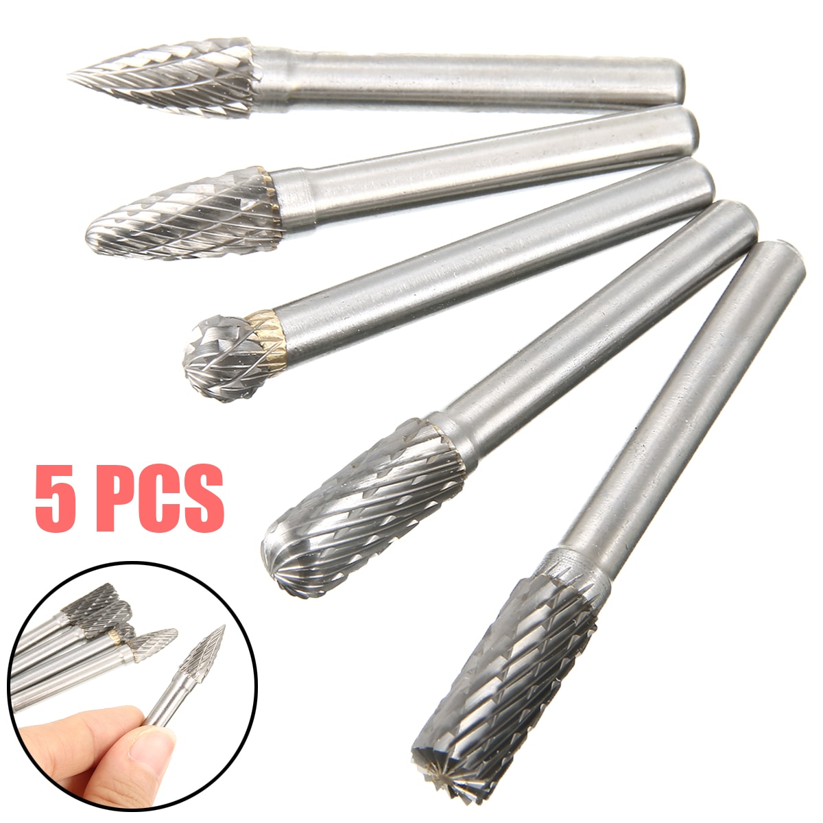 New 5pcs Tungsten Carbide 8mm Rotary Point Burrs Electric Grinder 6mm Shank Bits Set For Finishing Metal Molds Processing