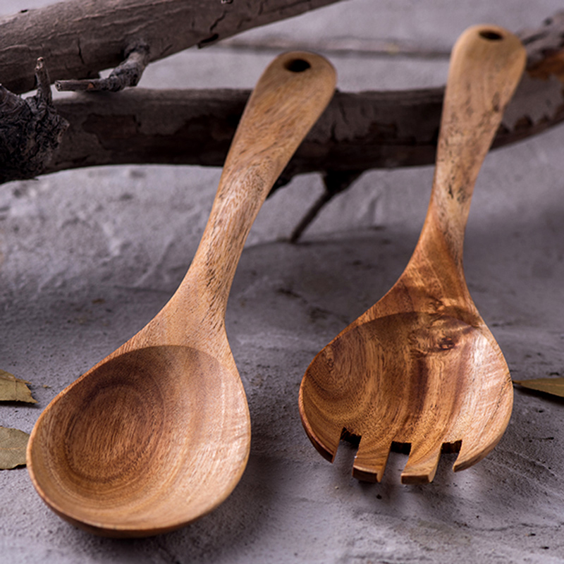 2Pcs Wooden Fork Spoon Set Natural Wood Salad Forks Mixing Spoons Wooden Kitchen Utensils (3)