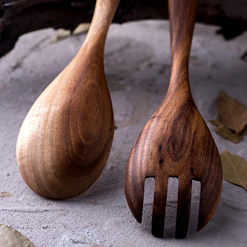 2Pcs Wooden Fork Spoon Set Natural Wood Salad Forks Mixing Spoons Wooden Kitchen Utensils (4)