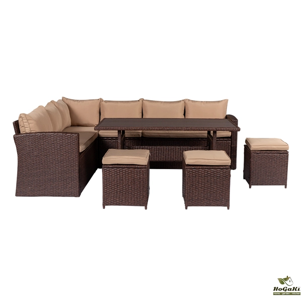  塑木桌八件套 棕色木纹藤 米黄色座垫 -28