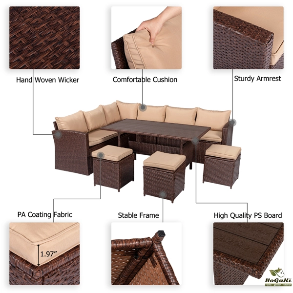  塑木桌八件套 棕色木纹藤 米黄色座垫 -42