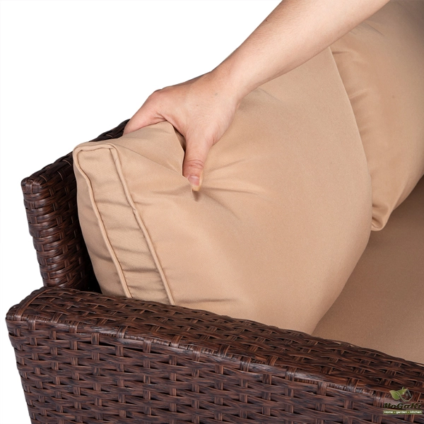  塑木桌八件套 棕色木纹藤 米黄色座垫 -43