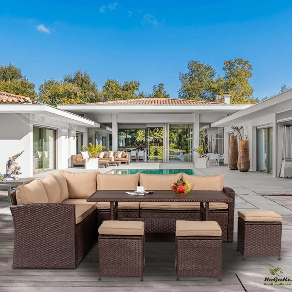  塑木桌八件套 棕色木纹藤 米黄色座垫 -45