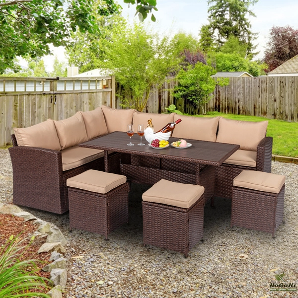  塑木桌八件套 棕色木纹藤 米黄色座垫 -46