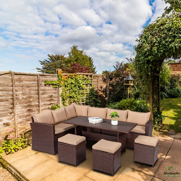  塑木桌八件套 棕色木纹藤 米黄色座垫 -47