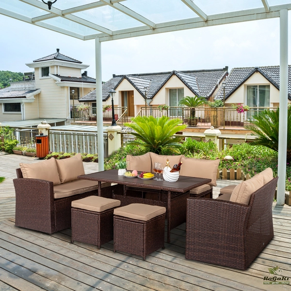  塑木桌八件套 棕色木纹藤 米黄色座垫 -50