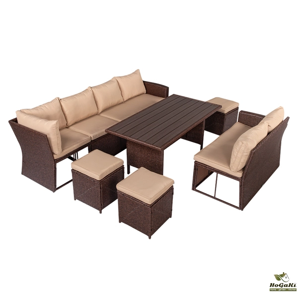  塑木桌八件套 棕色木纹藤 米黄色座垫 -30