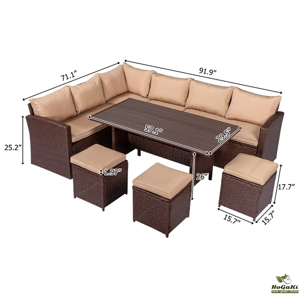  塑木桌八件套 棕色木纹藤 米黄色座垫 -33