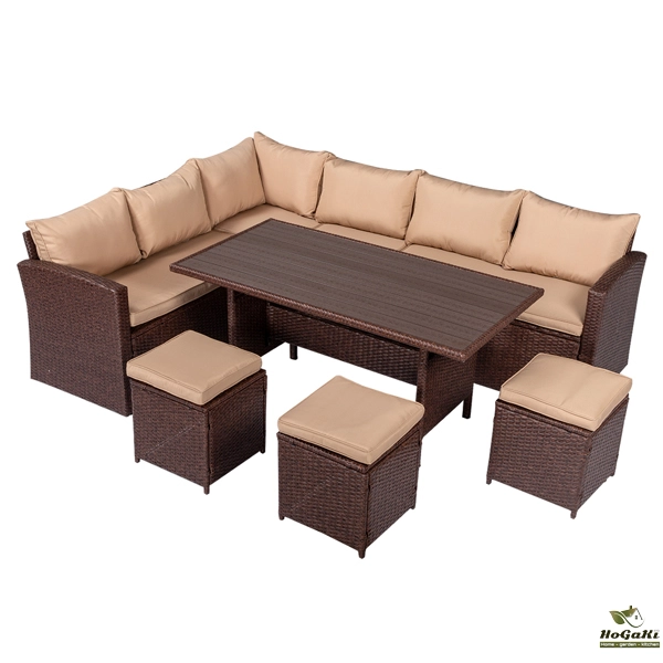  塑木桌八件套 棕色木纹藤 米黄色座垫 -34