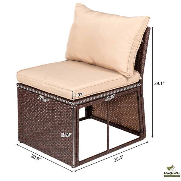  塑木桌八件套 棕色木纹藤 米黄色座垫 -35