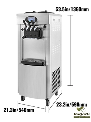 VEVOR soft ice cream machine with dimensions labeled: 53.5in/1360mm h, 23.2in/590mm w, 21.3in/540mm d.