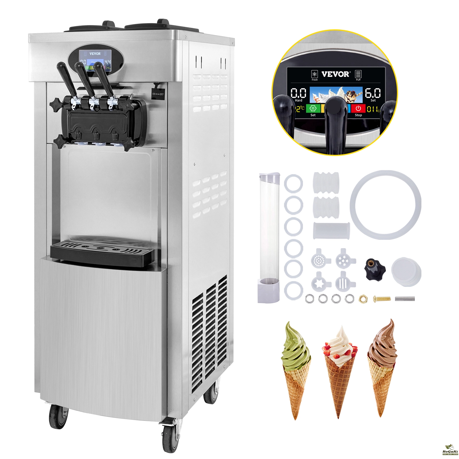 VEVOR soft ice cream machine with control panel, accessories, and three ice cream cones.