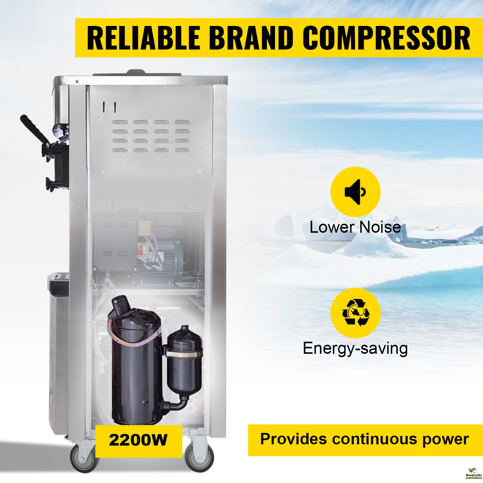 VEVOR soft ice cream machine with reliable brand compressor, lower noise, 2200w power