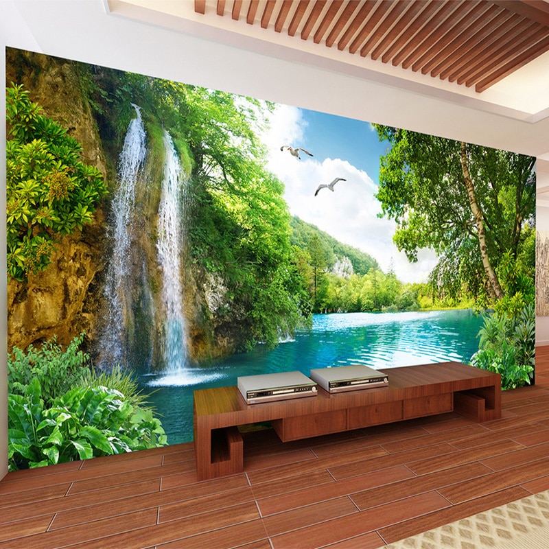 Custom Murals 3D Green Mountain Waterfall Nature Landscape Photo Wallpaper Wall Cloth Living Room Home Decor Wall Covering 3 D