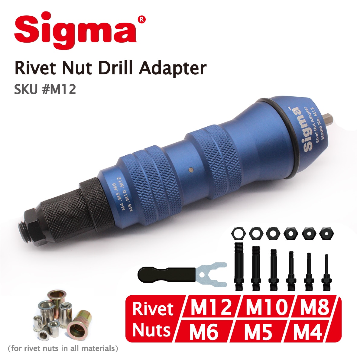 Sigma #M12 HEAVY DUTY Threaded Rivet Nut Drill Adapter Cordless or Electric power tool accessory alternative air rivet nut gun
