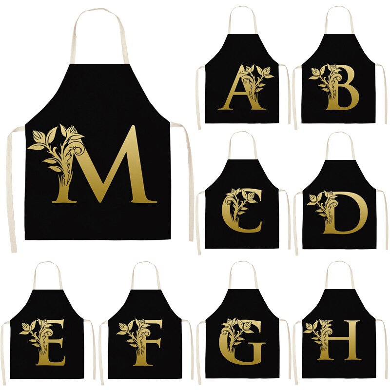 Gold Letter Alphabet Pattern Kitchen Apron For Woman Sleeveless Cotton Linen Aprons Cooking Home Cleaning Tools 53*65cm WQ0051