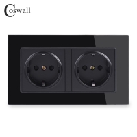 Coswall Wall Glass Panel 16A EU Russia Spain Double Socket Grounded With Children Protective Door Black Color 146*86mm