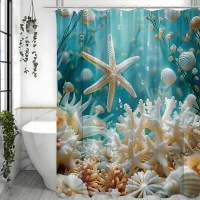 Beach Shower Curtain Starfish Seashells Coral Ocean Waves Ripples Cool Tropical Summer Hawaiian Seascape Fabric Bathroom Decorat