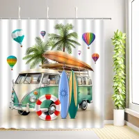 Beach Surf Camper RV Shower Curtain Tropical Palm Tree Travel Camping Car Summer Ocean Surfboard Bathroom Decoration with Hooks