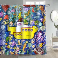 Underwater World Shower Curtain Cartoon Submarine Colorful Marine Life Nautical Sea Animals Life Summer Ocean Theme Bath Curtain