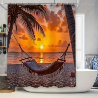 Tropical Sunset Scene Print Shower Curtain for Bathroom - Relaxing Beach Hammock and Palm Tree Decor Waterproof Polyester Fabric