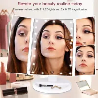22 LED Light Vanity Mirror 1/2/3X Magnifying Cosmetic 3 Folding Makeup Mirrors 180 Rotation Stepless Dimmer Beauty Table Mirrors