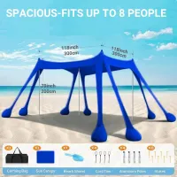 Beach Tent Canopy, Shade 300x300cm, Sun Shelter UPF50+ with 8 Sandbags-4 Aluminum Poles-for Outdoor Camping Fish Backyard Picnic
