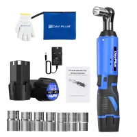 Electric Cordless Right Ratchet 3/8'' 90° Angle Wrench with LED Work Light +7pcs Sockets Set Power Ratchet Wrenches, 2 Battery