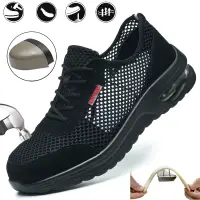 Men's Summer Steel Toe Safety Shoes Anti-Crush And Piercing Breathable Lightweight Outdoor Pure Black Work Shoes