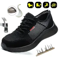 Men's Summer Steel Toe Safety Shoes Anti-Crush And Piercing Breathable Lightweight Outdoor Pure Black Work Shoes