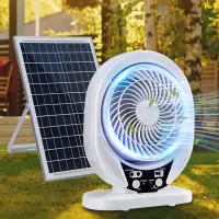 Portable Solar Fan Rechargeable Solar Powered Camping Fan with LED Bulb USB Ports Home Office Cooling Air Fan
