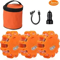 3 Pack LED Road Flares Flashing Emergency Warning Light USB Rechargeable Help Flash Roadside Safety Disc Magnetic Flashing Base